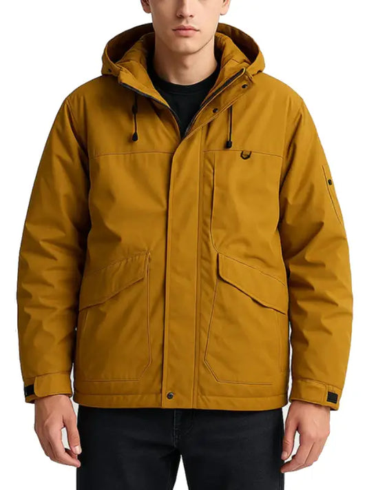 Men’s Mustard Hooded Winter Jacket With Multiple Pockets