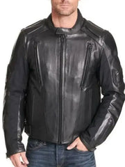 Men’s Black Leather Biker Jacket with Padded Back Protection