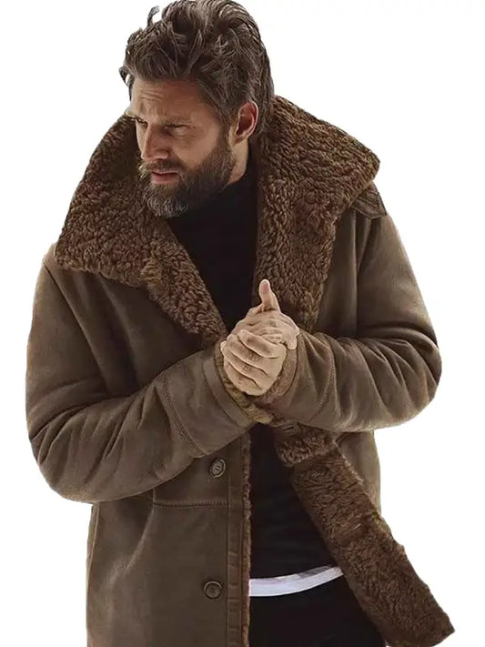 Men’s Brown Shearling Leather Jacket with Fur Collar