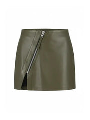 Women’s Olive Green Leather Bomber Jacket and Mini Skirt Set