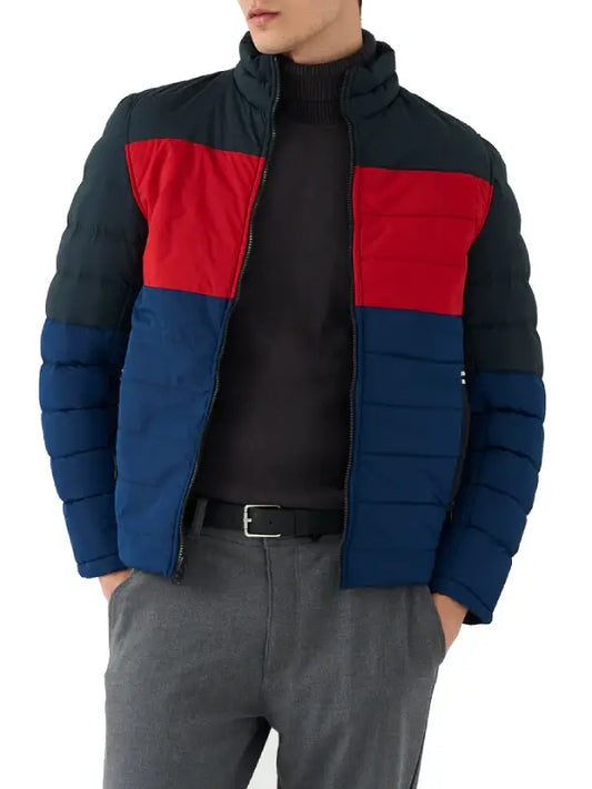 Men’s Color Block Puffer Jacket with Stand Collar and Zip Closure