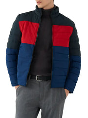 Men’s Color Block Puffer Jacket with Stand Collar and Zip Closure