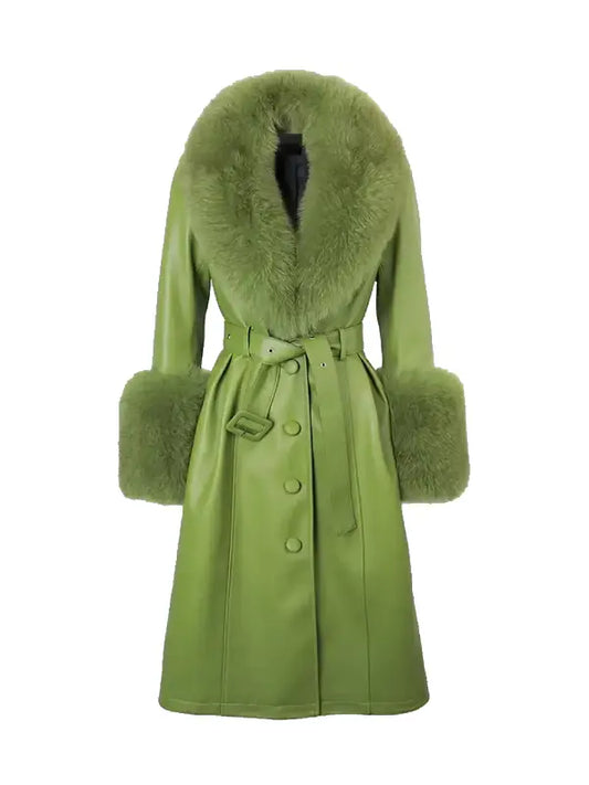 Green Leather-Look Faux Fur Trim Belted Coat for Women