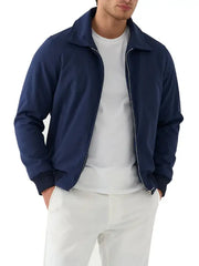 Men’s Navy Blue Zip-Up Jacket with Ribbed Hem and Classic Collar