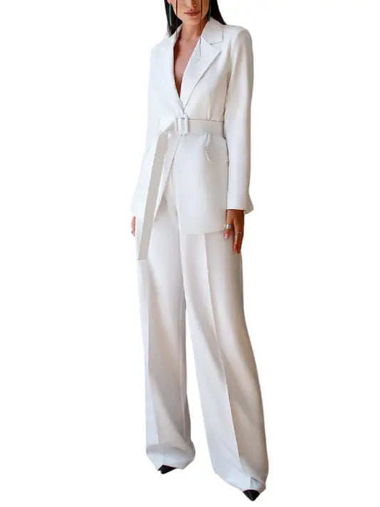 Elegant White Belted Women’s Tailored Pantsuit Set