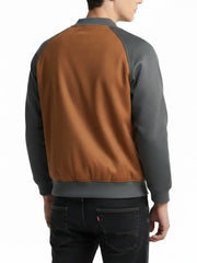 Men's Brown and Grey Varsity Style Suede Bomber Jacket