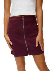 Women’s Burgundy Corduroy Mini Skirt with Front Ring Zipper
