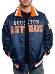 Houston Astros Blue Satin Jacket With Front Logo and Ribbed Trim