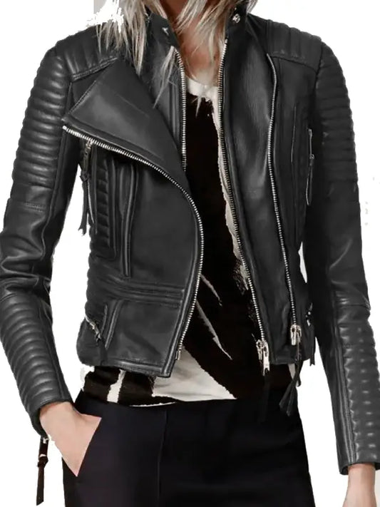 Women’s Black Quilted Leather Biker Jacket with Zipper Details