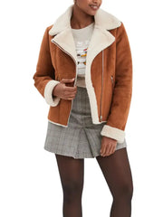 Women’s Shearling Lined Suede Jacket – Warm Winter Moto Style Coat
