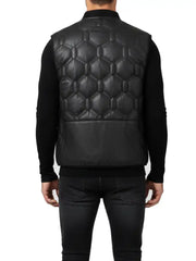 Black Quilted Leather Puffer Vest for Men