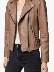 Women’s Tan Leather Biker Jacket with Asymmetrical Zip and Notched Collar