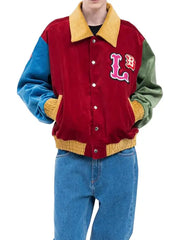 Alan Men’s Multi Color Leather Varsity Jacket with Embroidered Patches