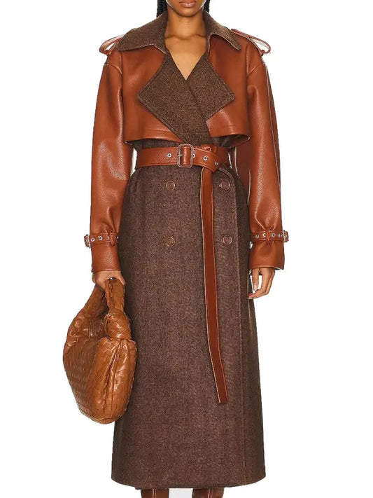 Meredith Luciano Women’s Brown Leather & Wool Belted Trench Coat
