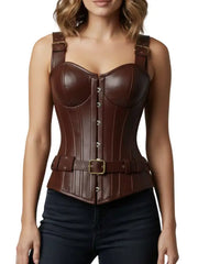 Women’s Real Leather Brown Corset Top with Adjustable Buckle Straps