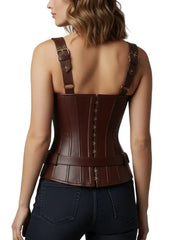 Women’s Real Leather Brown Corset Top with Adjustable Buckle Straps