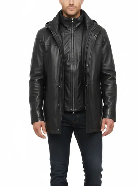Men’s Real Leather Black Long Jacket with Removable Inner Layer