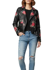 Women’s Black Floral Embroidered Leather Biker Jacket with Studs