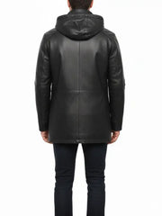 Men’s Real Leather Black Long Jacket with Removable Inner Layer