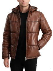 Men's Brown Real Leather Puffer Jacket with Detachable Hood