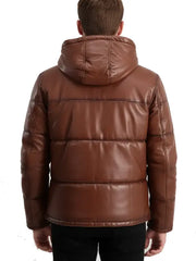 Men's Brown Real Leather Puffer Jacket with Detachable Hood