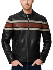 Men’s Black Real Leather Jacket with Brown and Beige Racing Stripes