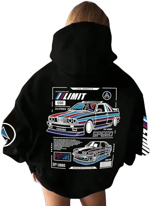 Vintage Motorsport Graphic Hoodie – Black Oversized Streetwear Pullover