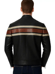 Men’s Black Real Leather Jacket with Brown and Beige Racing Stripes