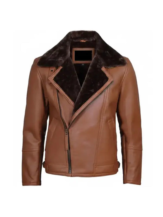 Men’s Cognac Leather Shearling Moto Jacket with Faux Fur Collar