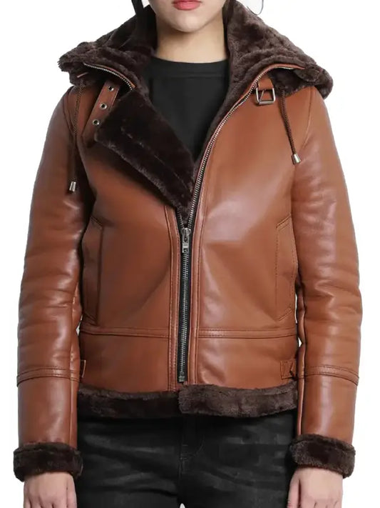 Women’s Cognac Shearling Hooded Leather Bomber Jacket