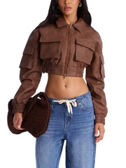 Women’s Cropped Leather Jacket with Utility Pockets