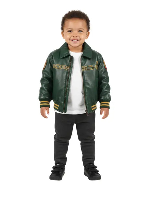Kids Green Leather Racing Jacket with Porsche Style Patches