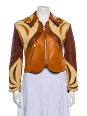 Women’s Two-Tone Leather Jacket with Western Flame Panels | Cropped Statement Jacket