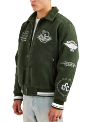 Men’s Dark Green Varsity Jacket with Embroidered Patches
