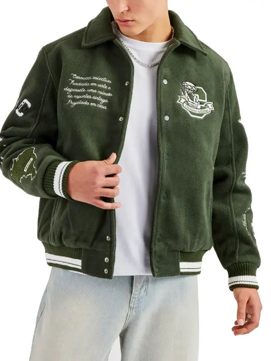 Men’s Dark Green Varsity Jacket with Embroidered Patches