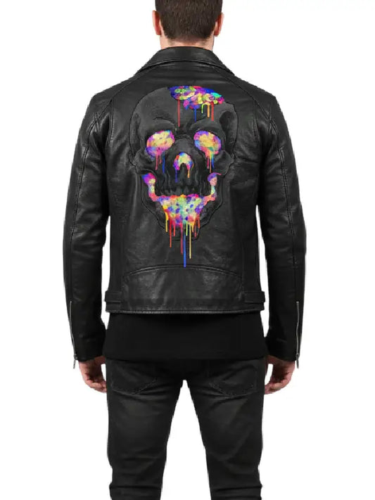 Men’s Black Real Leather Biker Jacket with Multicolor Skull Back Print