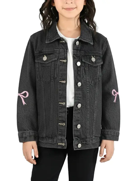 Girls Black Denim Jacket with Pink Bow Sleeve Detail