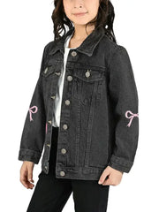 Girls Black Denim Jacket with Pink Bow Sleeve Detail
