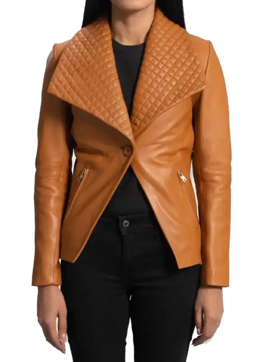 Women’s Tan Quilted Leather Blazer Jacket