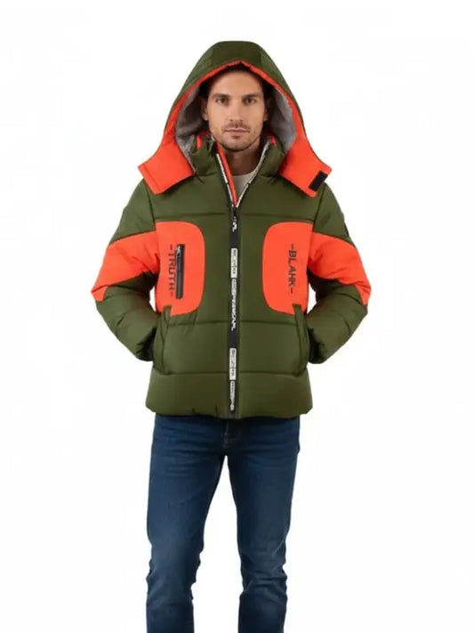 Men’s Olive Green Hooded Puffer Jacket with Orange Contrast Panels