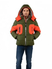 Men’s Olive Green Hooded Puffer Jacket with Orange Contrast Panels