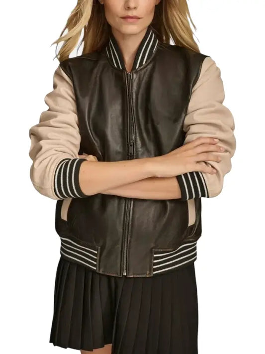 Women’s Two Tone Brown and Beige Leather Varsity Jacket