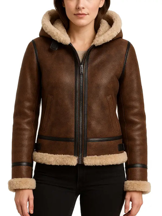 Women's Brown Shearling Hooded Leather Jacket with Fur Trim - The Leather Jackets