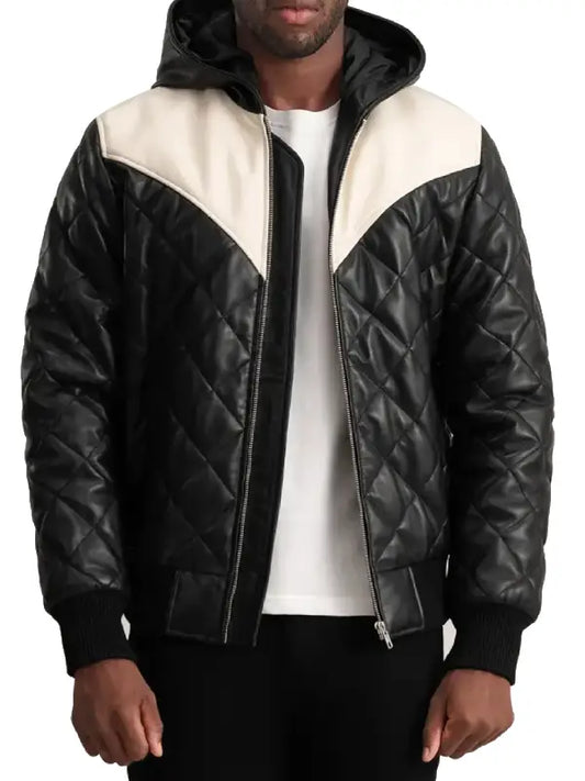 Men’s Black Quilted Leather Hooded Jacket with White Panel