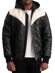 Men’s Black Quilted Leather Hooded Jacket with White Panel