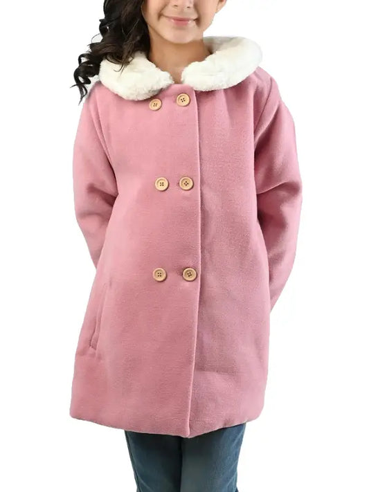 Girls Pink Winter Coat with Faux Fur Collar – Warm Button Front Kids Jacket
