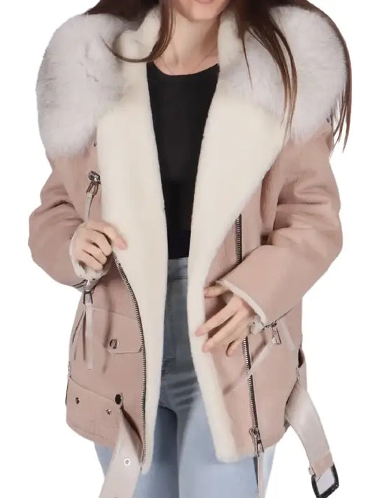Women’s Blush Pink Shearling Hooded Leather Jacket with Faux Fur Collar