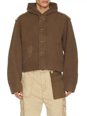 Men’s Brown Cropped Hooded Utility Jacket with Button Closure