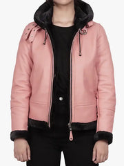 Women’s Pink Leather Hooded Shearling Jacket