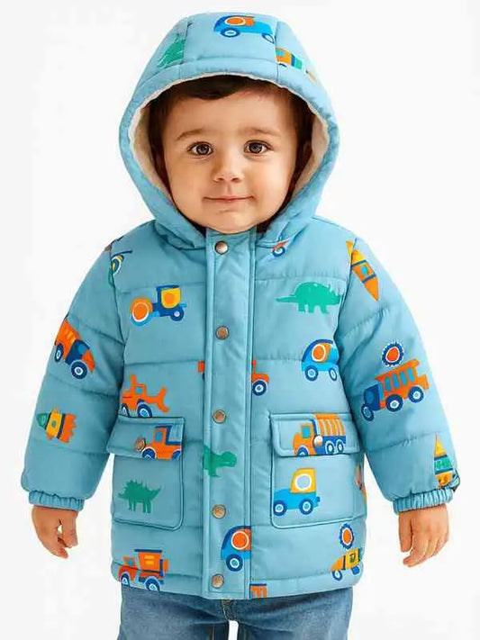 Kids Blue Printed Hooded Puffer Jacket – Warm & Lightweight Winter Wear